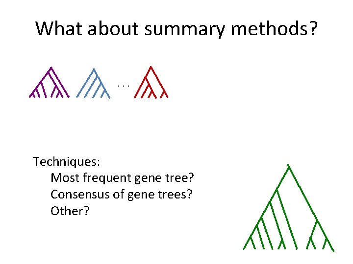 What about summary methods? . . . Techniques: Most frequent gene tree? Consensus of