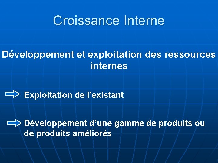 Croissance Interne Développement et exploitation des ressources internes Exploitation de l’existant Développement d’une gamme