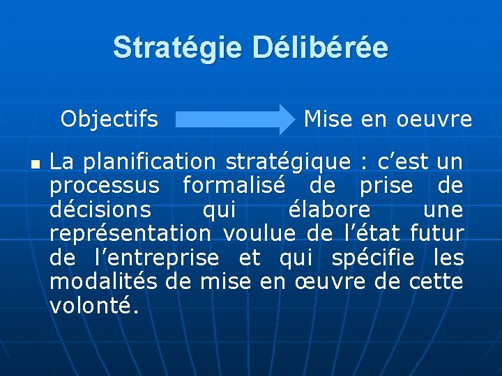 Stratégie Délibérée Objectifs n Mise en oeuvre La planification stratégique : c’est un processus Stratégie Délibérée Objectifs n Mise en oeuvre La planification stratégique : c’est un processus