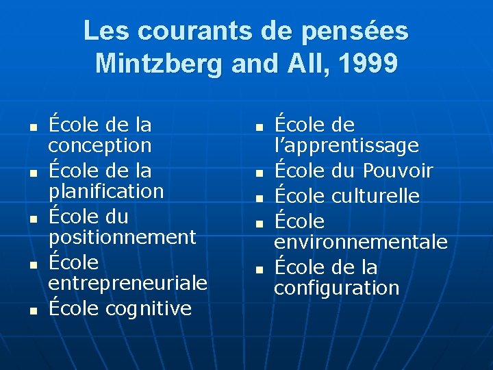 Les courants de pensées Mintzberg and All, 1999 n n n École de la