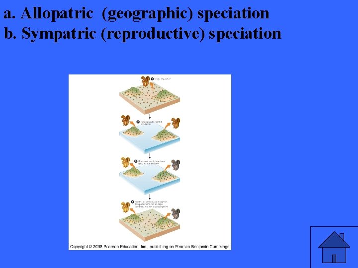 a. Allopatric (geographic) speciation b. Sympatric (reproductive) speciation 