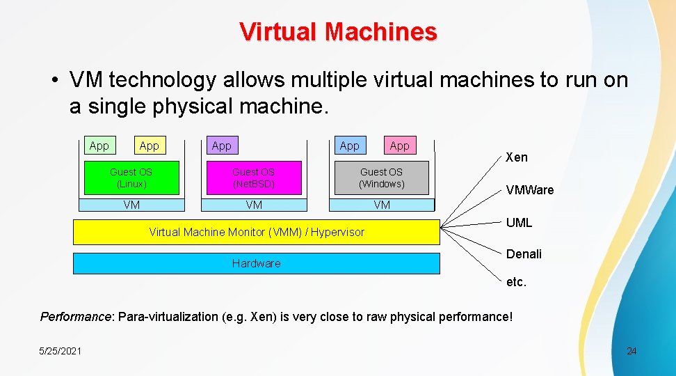 Virtual Machines • VM technology allows multiple virtual machines to run on a single