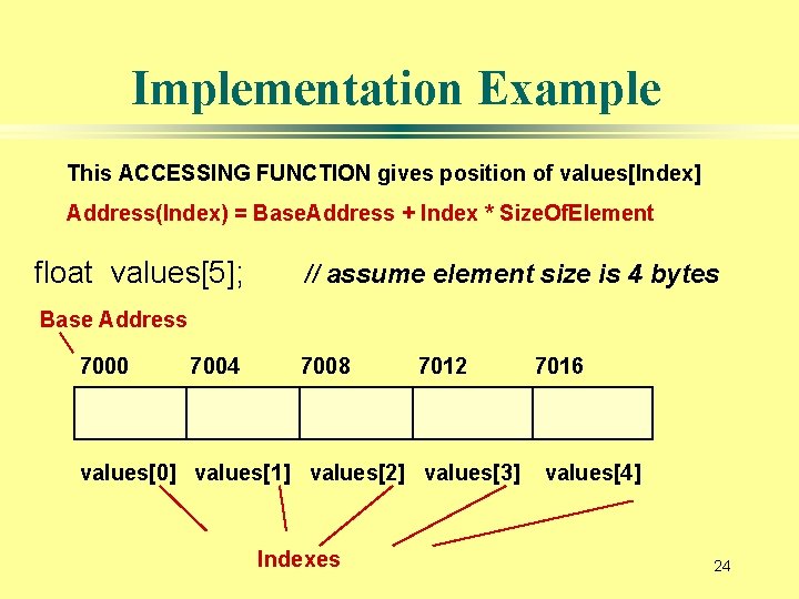 Implementation Example This ACCESSING FUNCTION gives position of values[Index] Address(Index) = Base. Address +