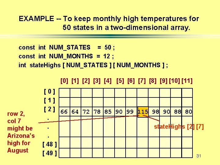 EXAMPLE -- To keep monthly high temperatures for 50 states in a two-dimensional array.