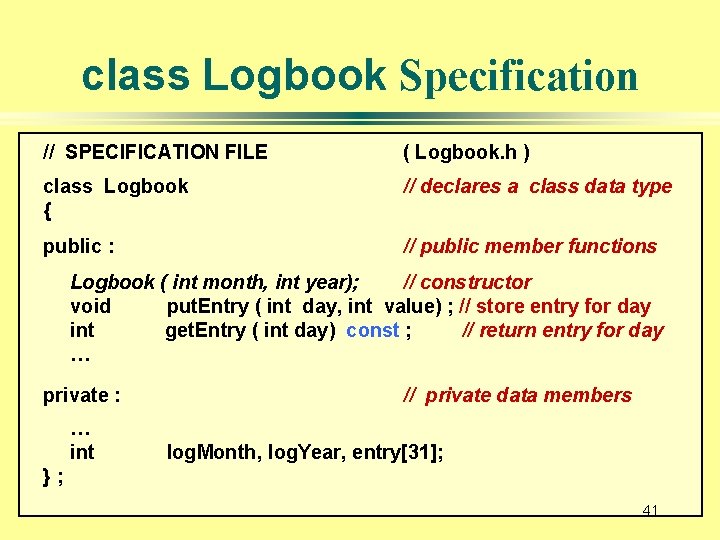 class Logbook Specification // SPECIFICATION FILE ( Logbook. h ) class Logbook { //