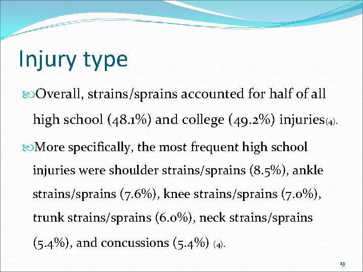 Injury type Overall, strains/sprains accounted for half of all high school (48. 1%) and