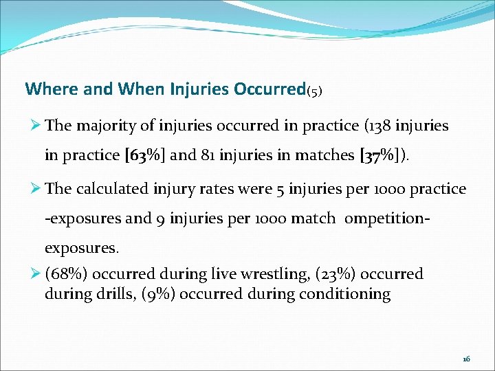 Where and When Injuries Occurred(5) Ø The majority of injuries occurred in practice (138