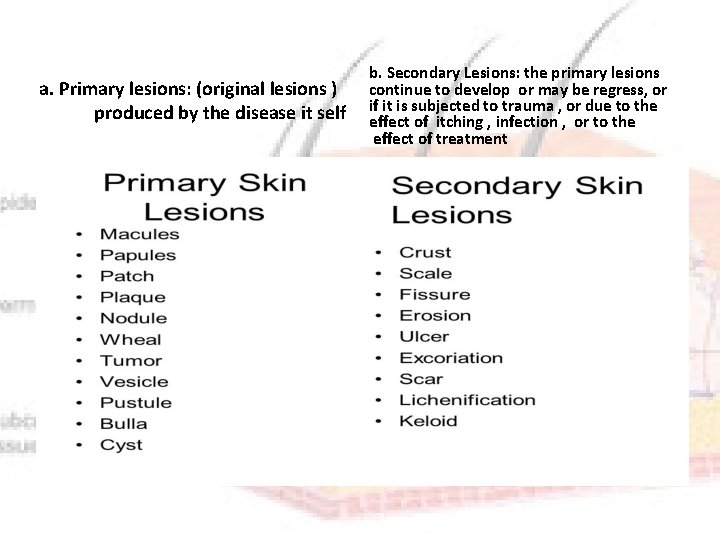 a. Primary lesions: (original lesions ) produced by the disease it self b. Secondary