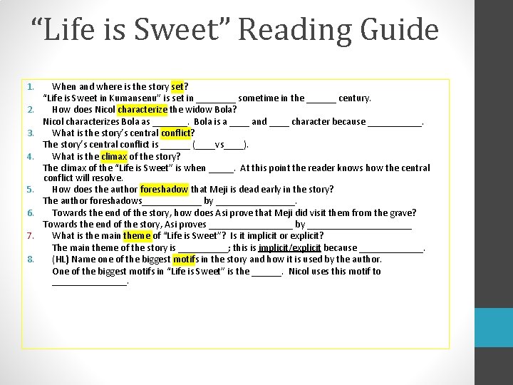 “Life is Sweet” Reading Guide 1. 2. 3. 4. 5. 6. 7. 8. When