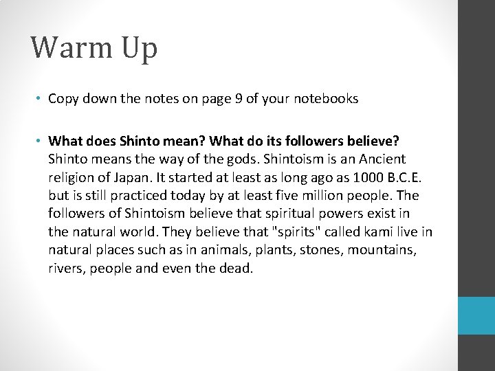 Warm Up • Copy down the notes on page 9 of your notebooks •