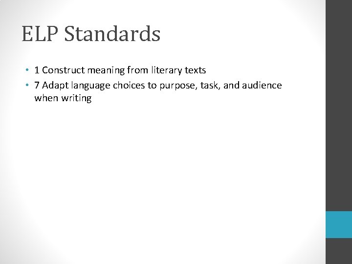 ELP Standards • 1 Construct meaning from literary texts • 7 Adapt language choices