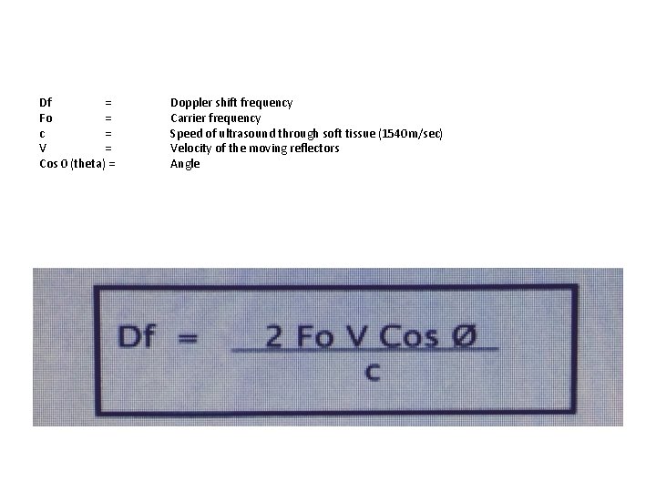 Df = Fo = c = V = Cos 0 (theta) = Doppler shift