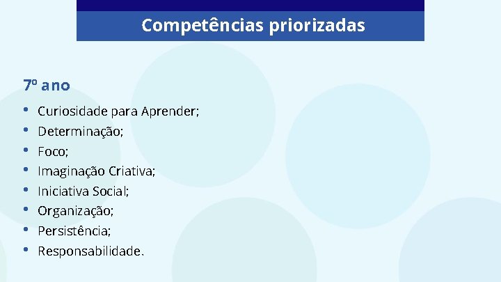 Competências priorizadas 7º ano • • Curiosidade para Aprender; Determinação; Foco; Imaginação Criativa; Iniciativa Competências priorizadas 7º ano • • Curiosidade para Aprender; Determinação; Foco; Imaginação Criativa; Iniciativa