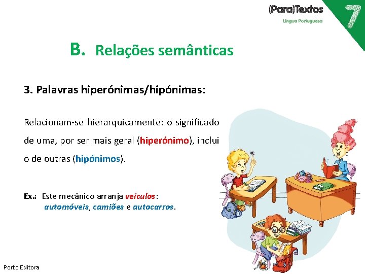 B. Relações semânticas 3. Palavras hiperónimas/hipónimas: Relacionam-se hierarquicamente: o significado de uma, por ser