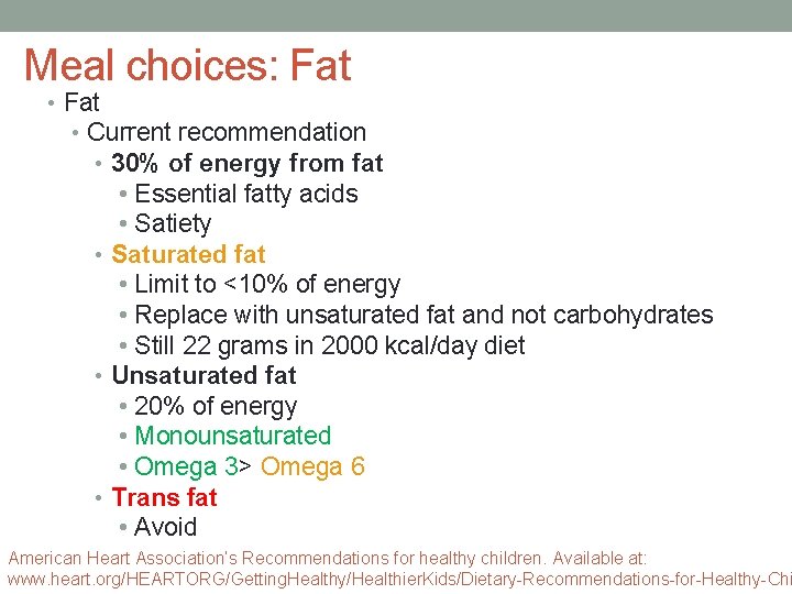 Meal choices: Fat • Fat • Current recommendation • 30% of energy from fat