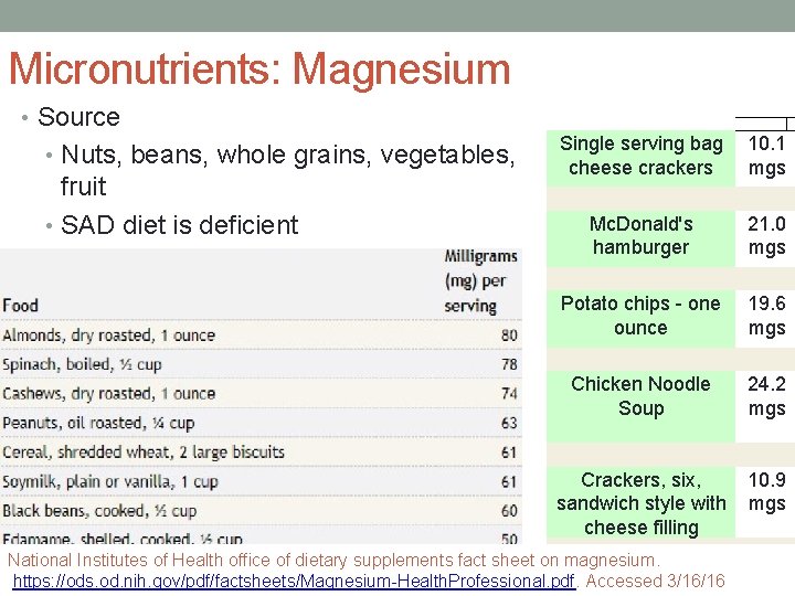 Micronutrients: Magnesium • Source Single serving bag cheese crackers 10. 1 mgs Mc. Donald's