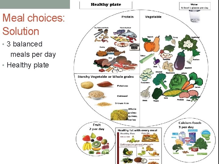 Meal choices: Solution • 3 balanced meals per day • Healthy plate 