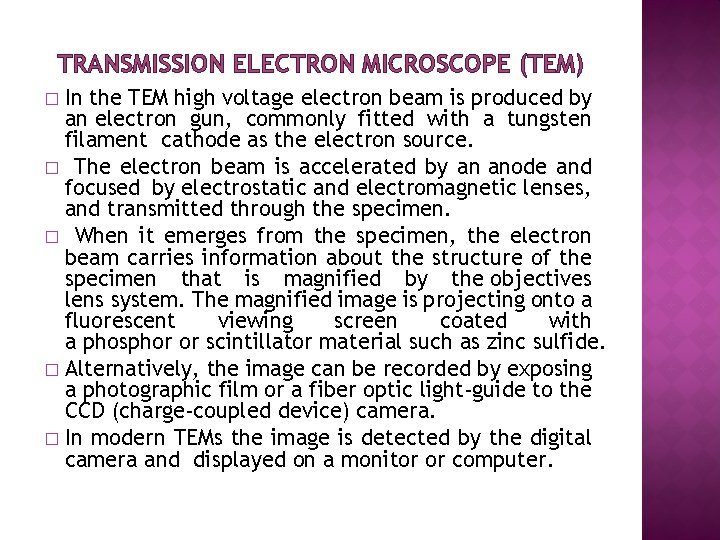 TRANSMISSION ELECTRON MICROSCOPE (TEM) In the TEM high voltage electron beam is produced by