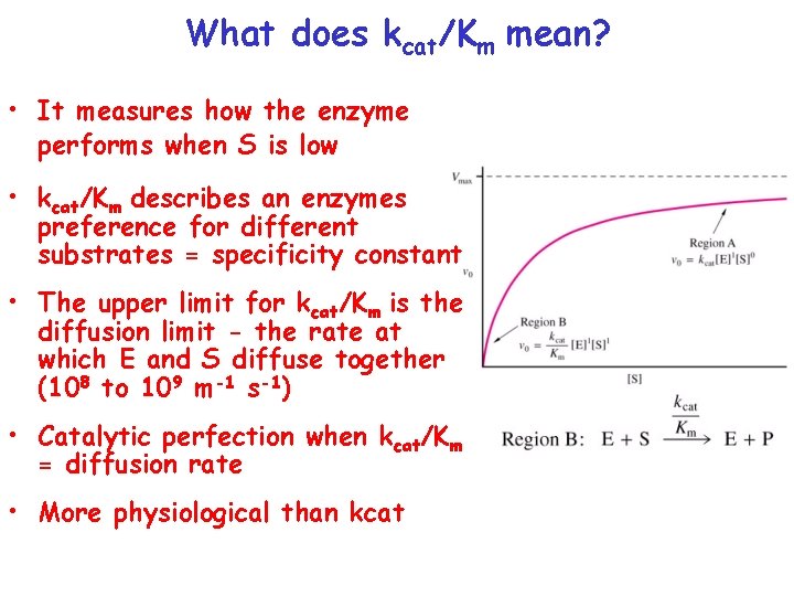 What does kcat/Km mean? • It measures how the enzyme performs when S is