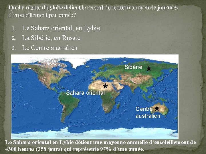 Quelle région du globe détient le record du nombre moyen de journées d’ensoleillement par