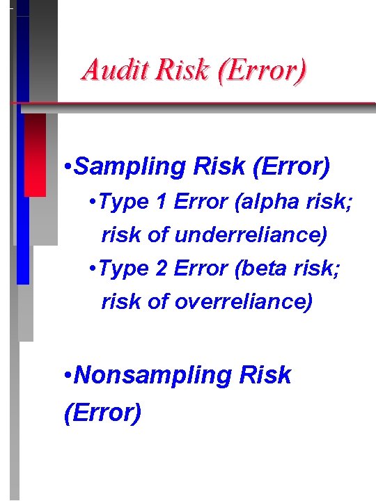 Audit Risk (Error) • Sampling Risk (Error) • Type 1 Error (alpha risk; risk