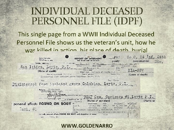 INDIVIDUAL DECEASED PERSONNEL FILE (IDPF) This single page from a WWII Individual Deceased Personnel