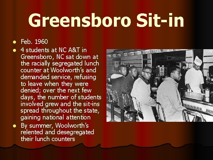 Greensboro Sit-in Feb. 1960 l 4 students at NC A&T in Greensboro, NC sat