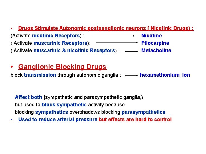  • Drugs Stimulate Autonomic postganglionic neurons ( Nicotinic Drugs) : (Activate nicotinic Receptors)