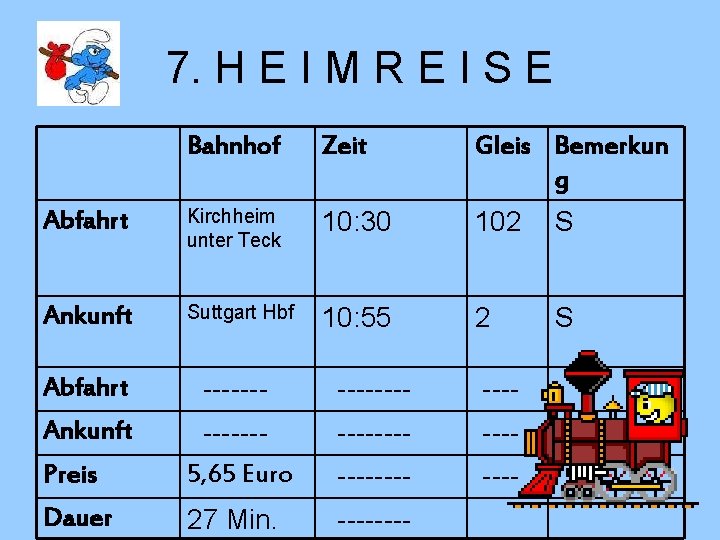 7. H E I M R E I S E Bahnhof Zeit Gleis Bemerkun