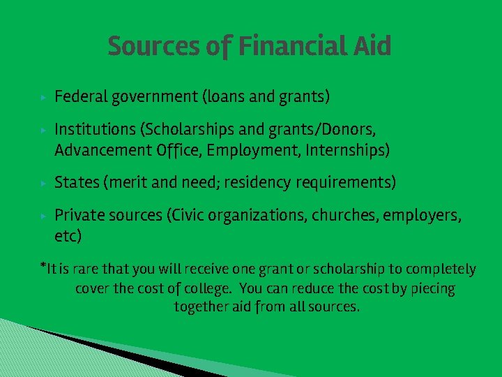 Sources of Financial Aid ▶ ▶ Federal government (loans and grants) Institutions (Scholarships and