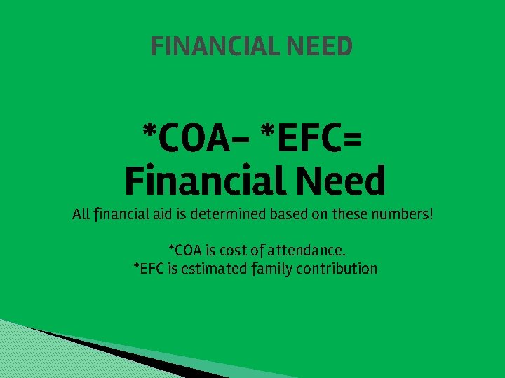 FINANCIAL NEED *COA- *EFC= Financial Need All financial aid is determined based on these