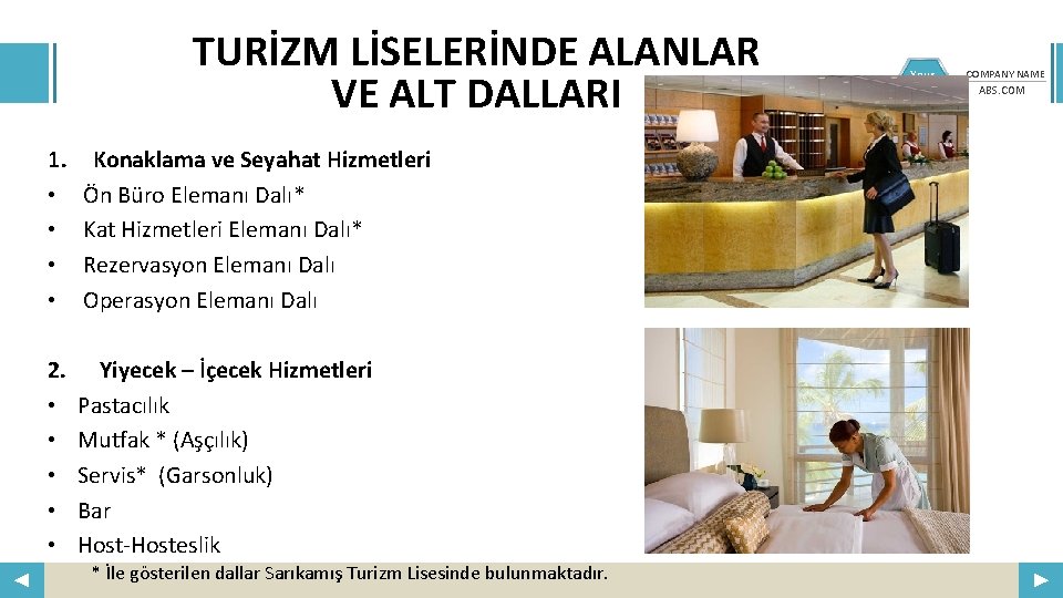 TURİZM LİSELERİNDE ALANLAR VE ALT DALLARI 1. • • Konaklama ve Seyahat Hizmetleri Ön