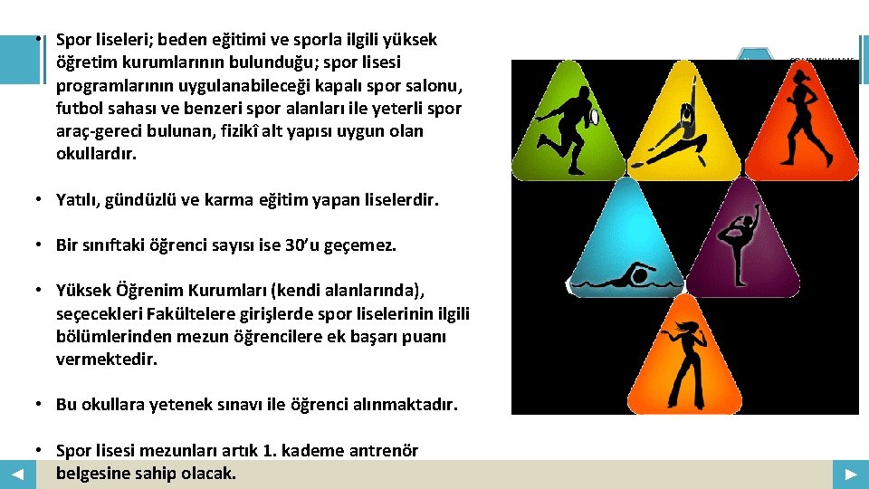  • Spor liseleri; beden eğitimi ve sporla ilgili yüksek öğretim kurumlarının bulunduğu; spor