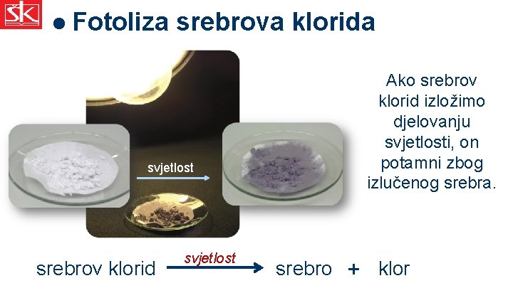  Fotoliza srebrova klorida svjetlost srebrov klorid svjetlost Ako srebrov klorid izložimo djelovanju svjetlosti,