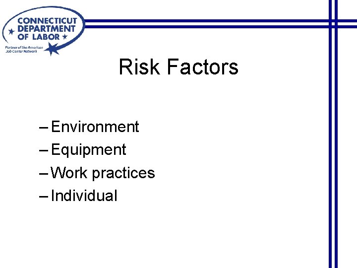 Risk Factors – Environment – Equipment – Work practices – Individual 