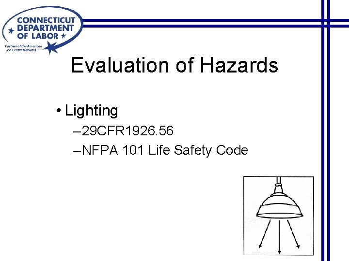 Evaluation of Hazards • Lighting – 29 CFR 1926. 56 – NFPA 101 Life