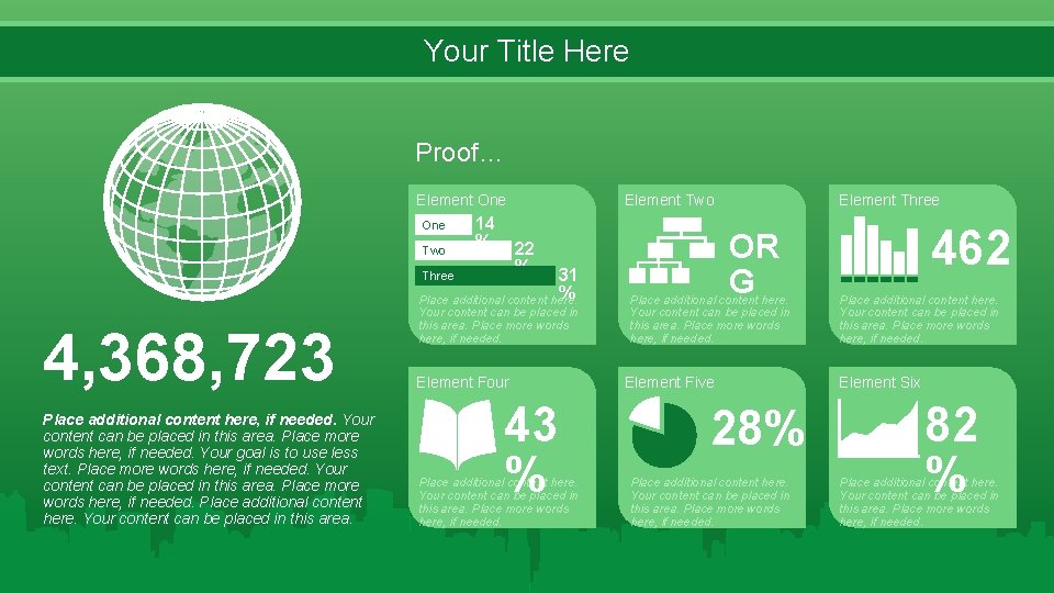 Your Title Here Proof… Element One Two 14 % 31 % Place additional content