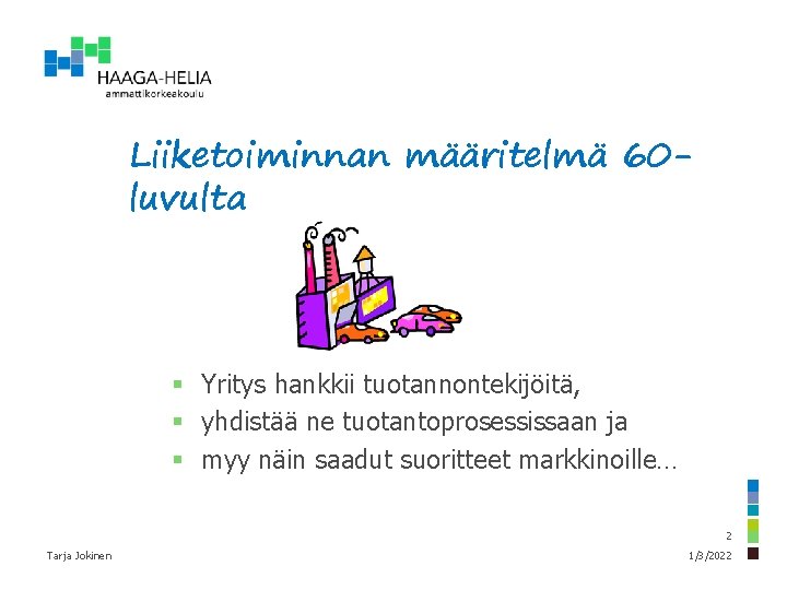 Liiketoiminnan määritelmä 60 luvulta § Yritys hankkii tuotannontekijöitä, § yhdistää ne tuotantoprosessissaan ja §