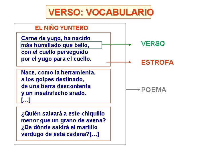 VERSO: VOCABULARIO EL NIÑO YUNTERO Carne de yugo, ha nacido más humillado que bello,