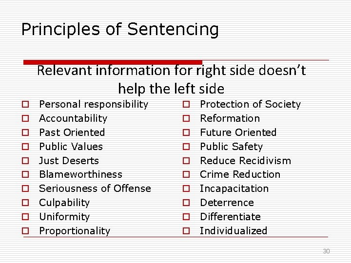 Principles of Sentencing Relevant information for right side doesn’t help the left side o