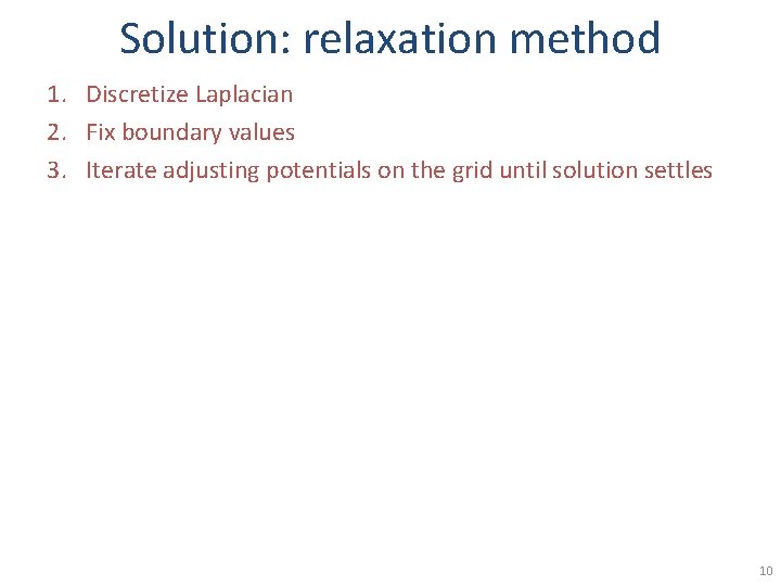 Solution: relaxation method 1. Discretize Laplacian 2. Fix boundary values 3. Iterate adjusting potentials