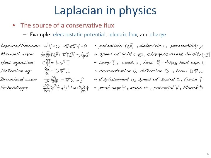 Laplacian in physics • The source of a conservative flux – Example: electrostatic potential,