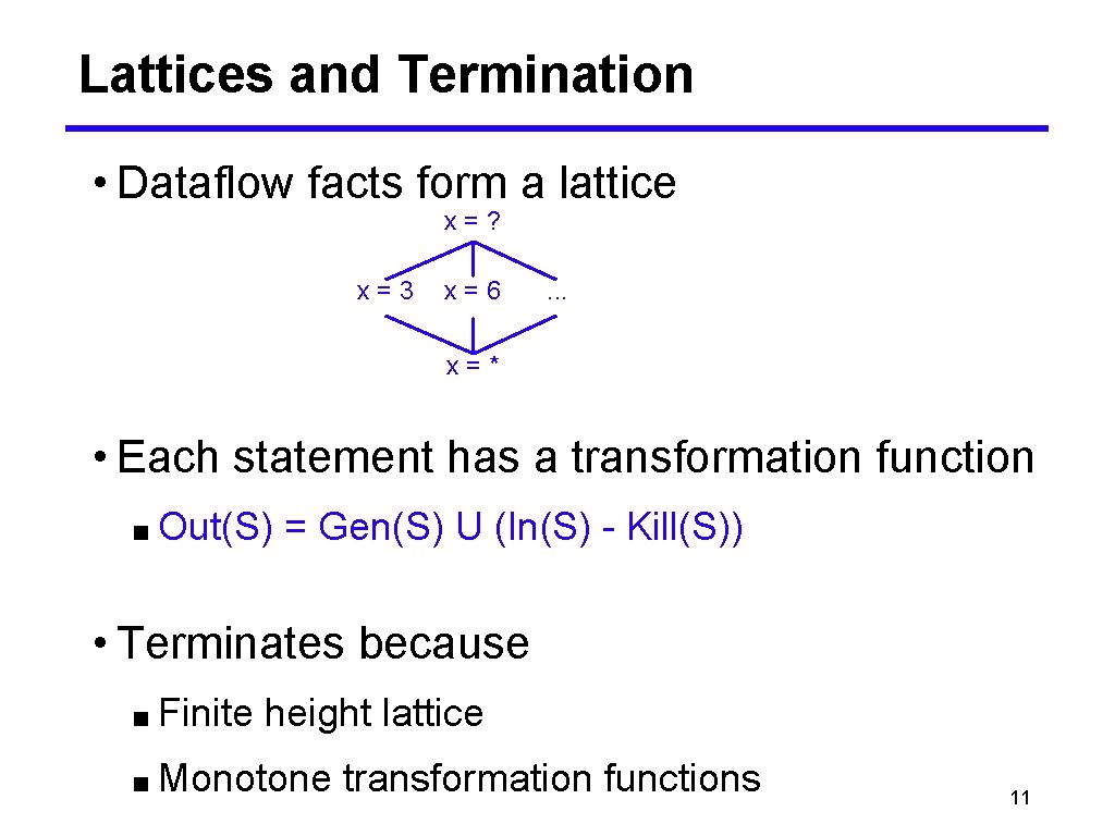 Lattices and Termination • Dataflow facts form a lattice x=? x=3 x=6 . .