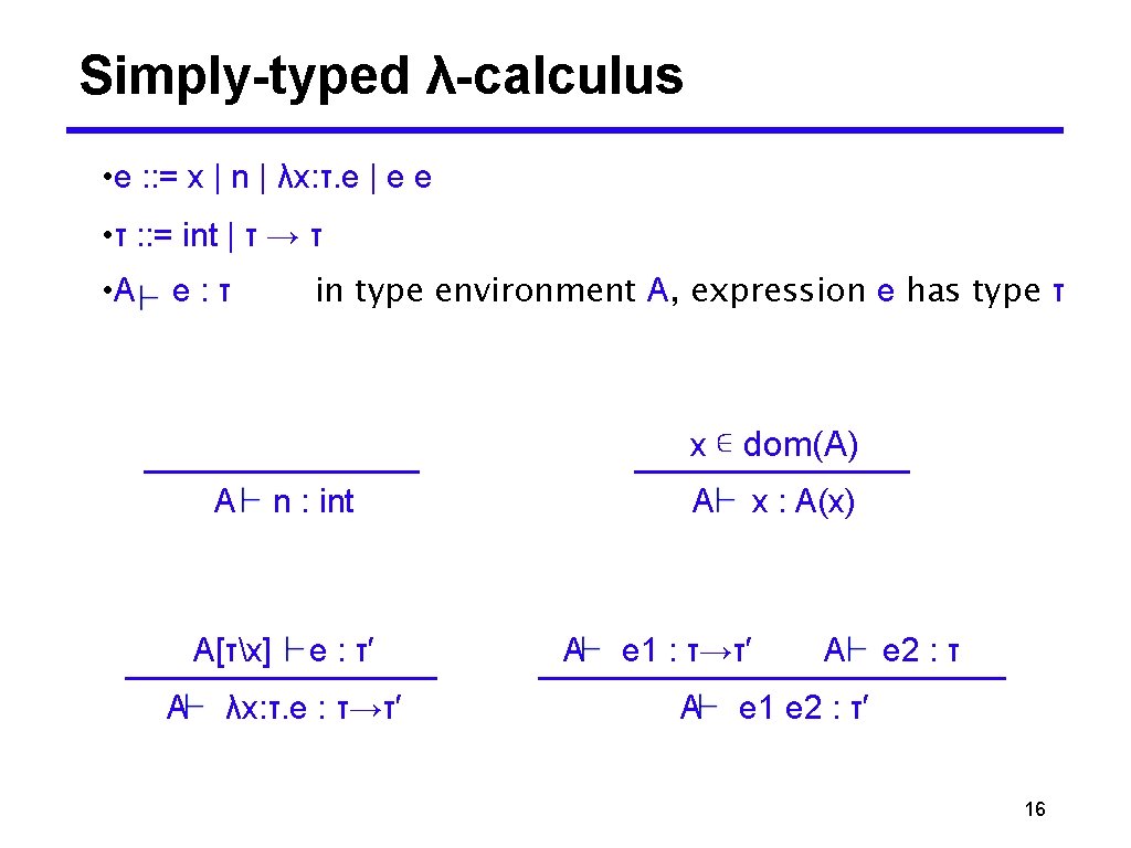 Simply-typed λ-calculus • e : : = x | n | λx: τ. e