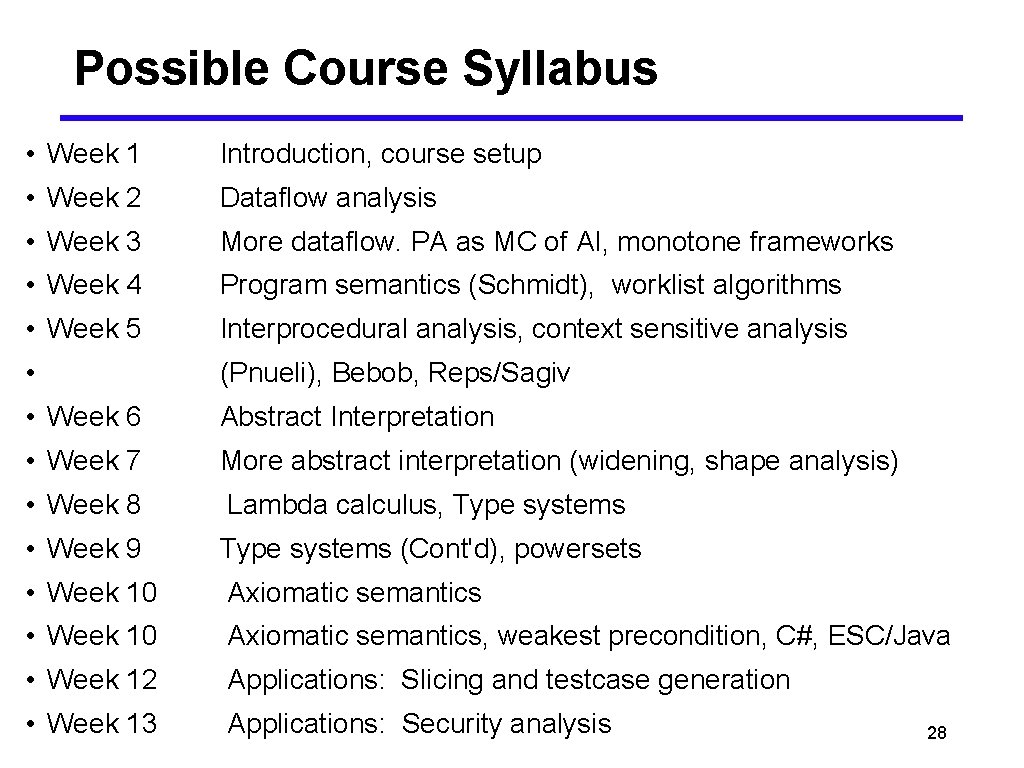 Possible Course Syllabus • Week 1 Introduction, course setup • Week 2 Dataflow analysis
