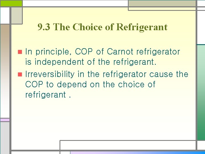 9. 3 The Choice of Refrigerant In principle, COP of Carnot refrigerator is independent