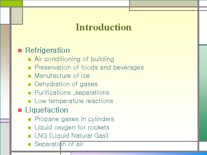 Introduction n Refrigeration n n n Air conditioning of building Preservation of foods and