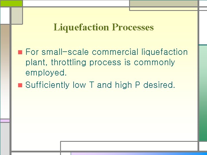 Liquefaction Processes For small-scale commercial liquefaction plant, throttling process is commonly employed. n Sufficiently