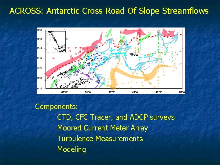 ACROSS: Antarctic Cross-Road Of Slope Streamflows Components: CTD, CFC Tracer, and ADCP surveys Moored