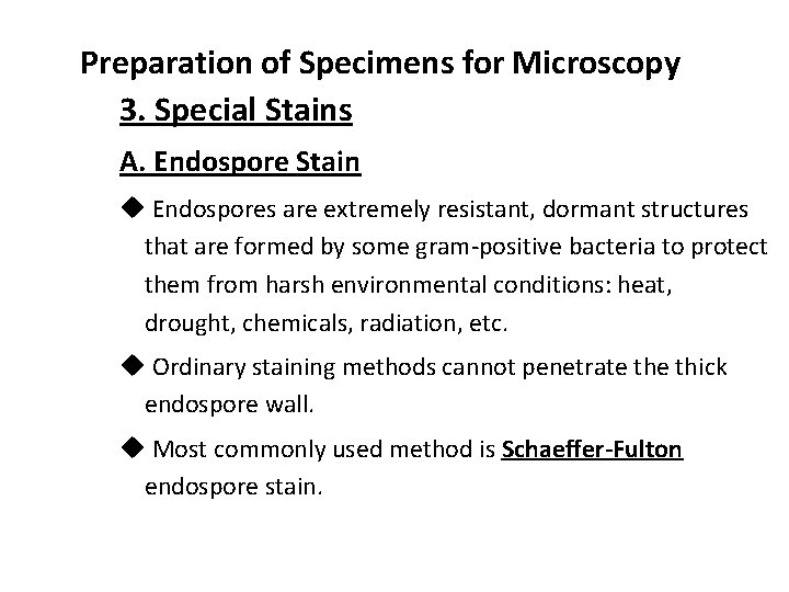 Preparation of Specimens for Microscopy 3. Special Stains A. Endospore Stain u Endospores are